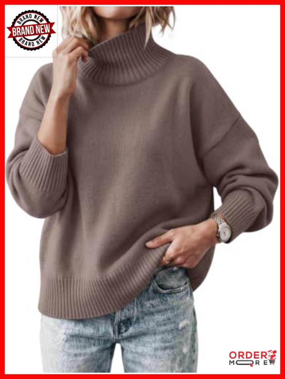 Oversized Turtleneck Pullover Sweater - Cozy Ribbed Knit Drop Shoulder Loose Fit